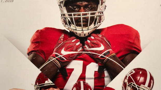 Alex Leatherwood, Jedrick Wills Jr., Matt Womack, Miller Forristall, New Mexico State game program, Sept. 7. 2019